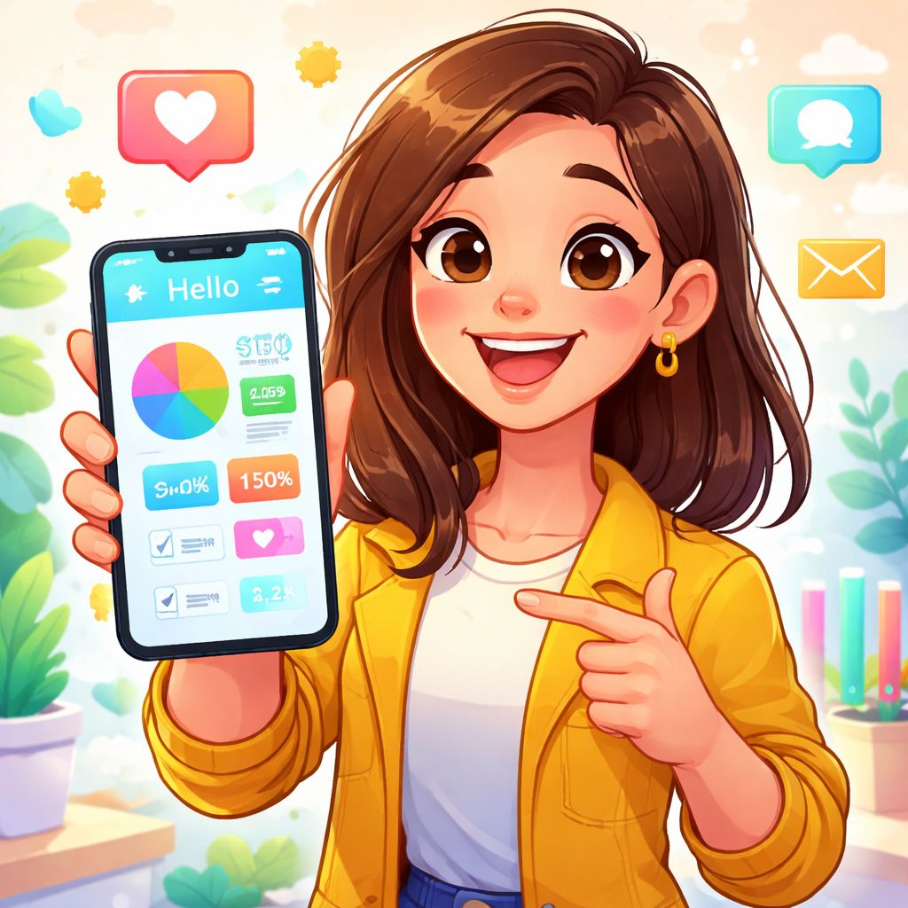 mv444 themed cartoon character using a smartphone with bright app interface elements