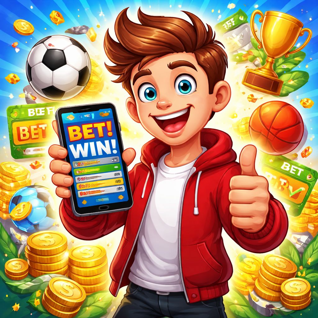 mv444 themed cartoon character with sports betting elements and coins