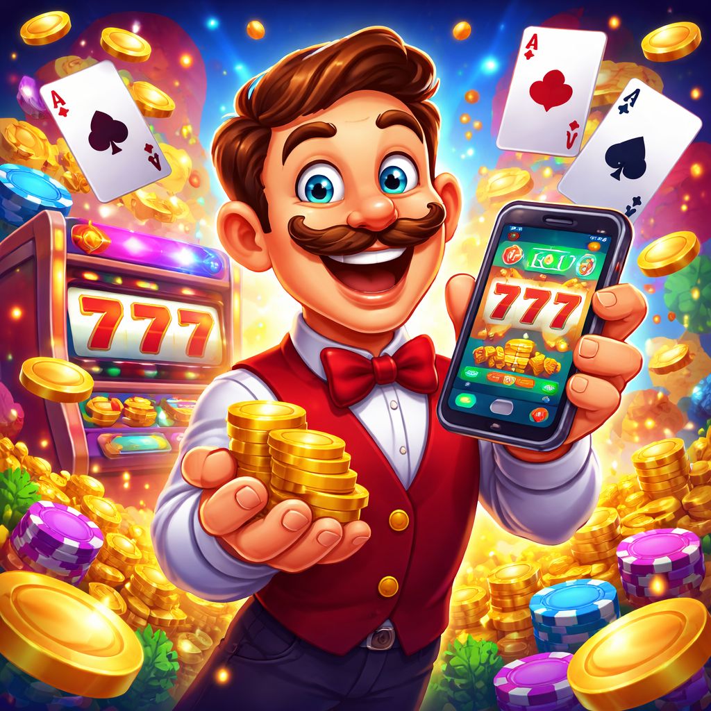 Cartoon casino characters with chips, cards, and coins in a bright gaming scene