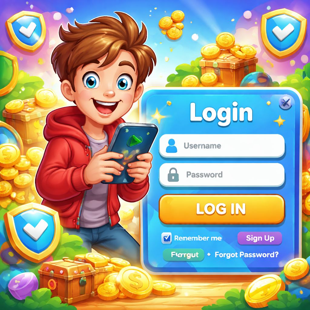 mv444 themed cartoon character using a smartphone to log in with coins and app icons