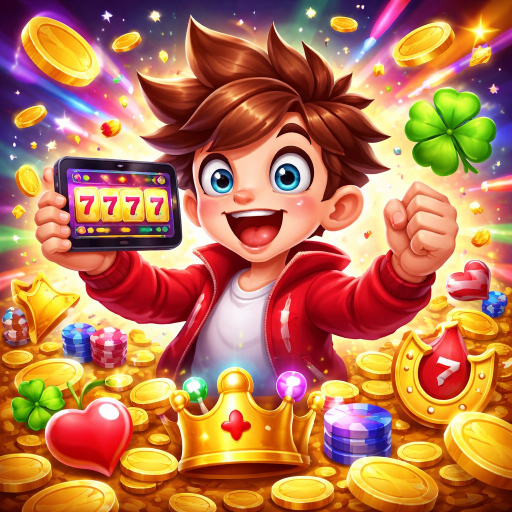 Cartoon slot-themed characters with coins and bright game symbols
